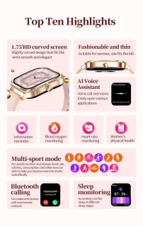 Knobbout 1,75 inch HD smartwatch goud staal roze siliconen damesmodel