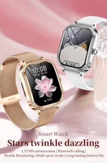 Knobbout 1,75 inch HD smartwatch goud staal roze siliconen damesmodel