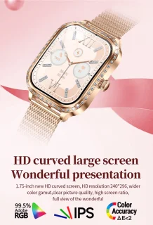 Knobbout 1,75 inch HD smartwatch goud staal roze siliconen damesmodel
