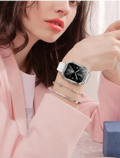 Knobbout 1,75 inch HD smartwatch goud staal roze siliconen damesmodel