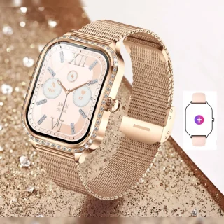 Knobbout 1,75 inch HD smartwatch goud staal roze siliconen damesmodel