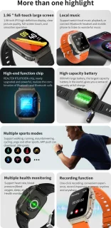 Knobbout 1.96" Smartwatch 44mm - Zwart