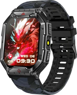 Knobbout 2.1" Outdoor Smartwatch - Zwarte Camouflage Siliconen Band
