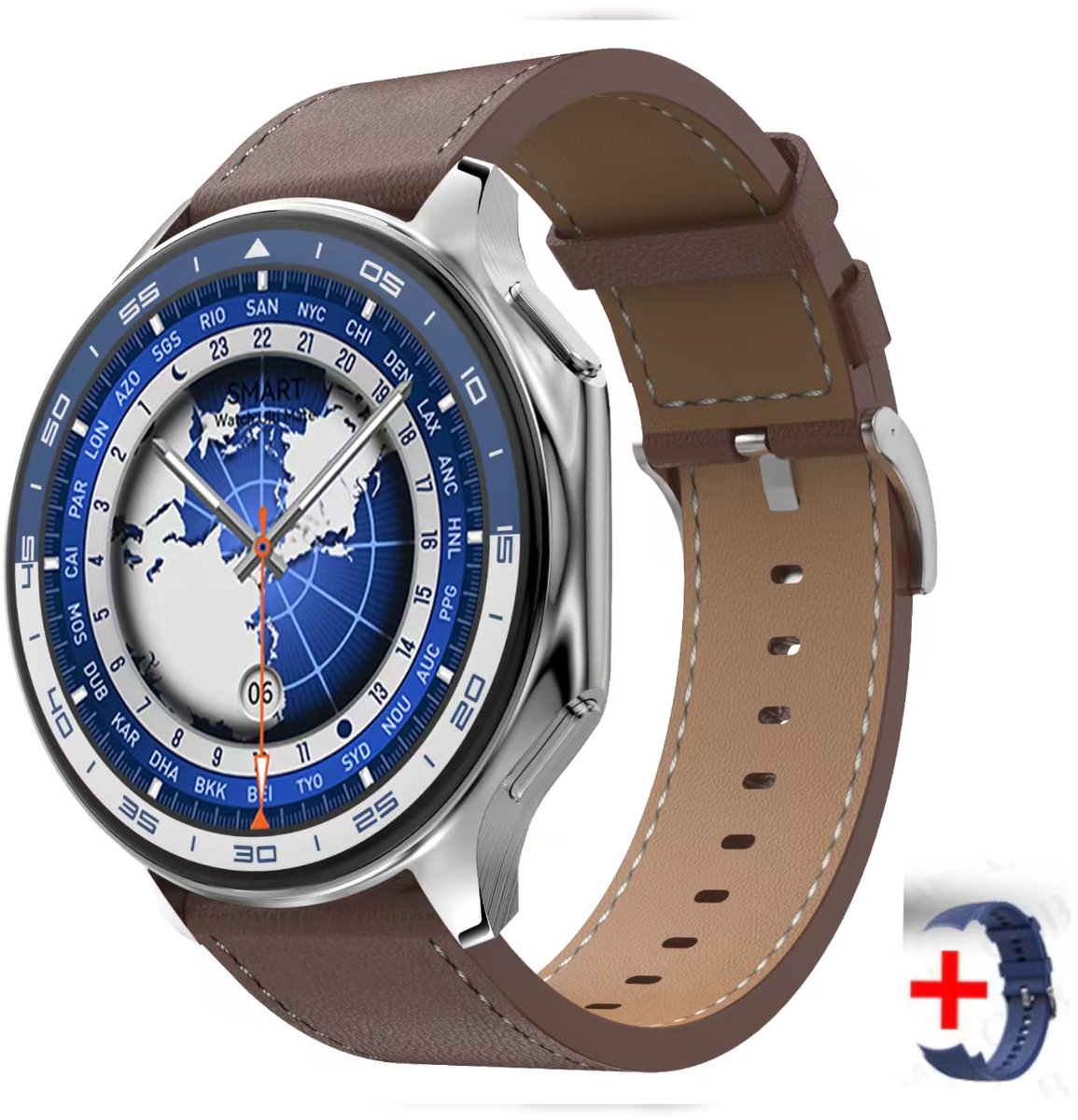 De Knobbout ATS3085S Gen 2 Smartwatch 1.43 inch AMOLED Bruin leer & blauw siliconen in één oogopslag