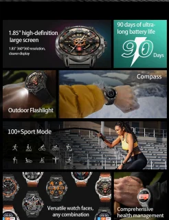 Knobbout HD Sport Smartwatch 1.85 inch Zwart Staal & Rubber