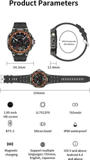 Knobbout HD Sport Smartwatch 1.85 inch Zwart Staal & Rubber
