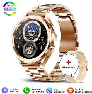 Knobbout Slimme Bluetooth Smartwatch 1.46" Goud staal + silicone bandje