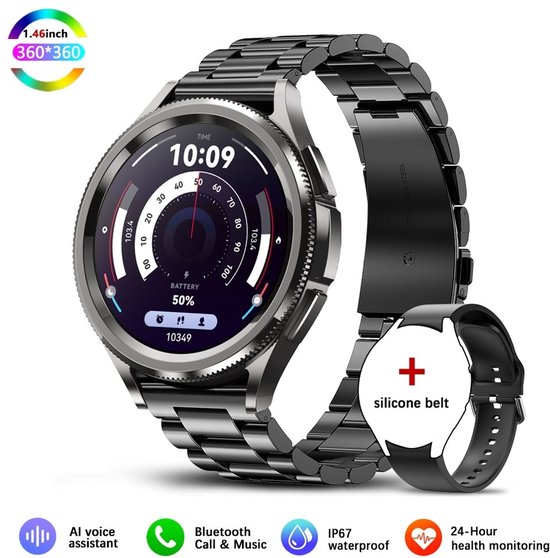 Knobbout Slimme Bluetooth Smartwatch 1.46" Zwart Staal & Silicone