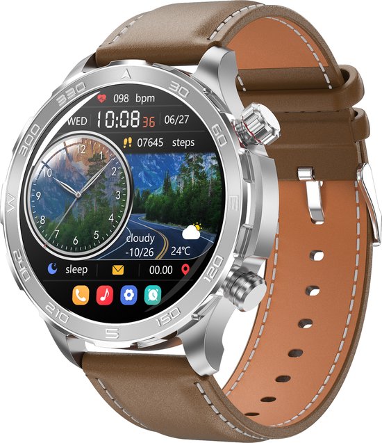 KNOBBOUT Smartwatch 1.53” Bruin Lederen Band & Siliconen Band
