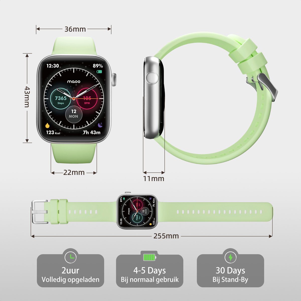 Maoo ProWatch AMOLED Smartwatch Zilver met Milanese Bandje en Siliconen Bandjes