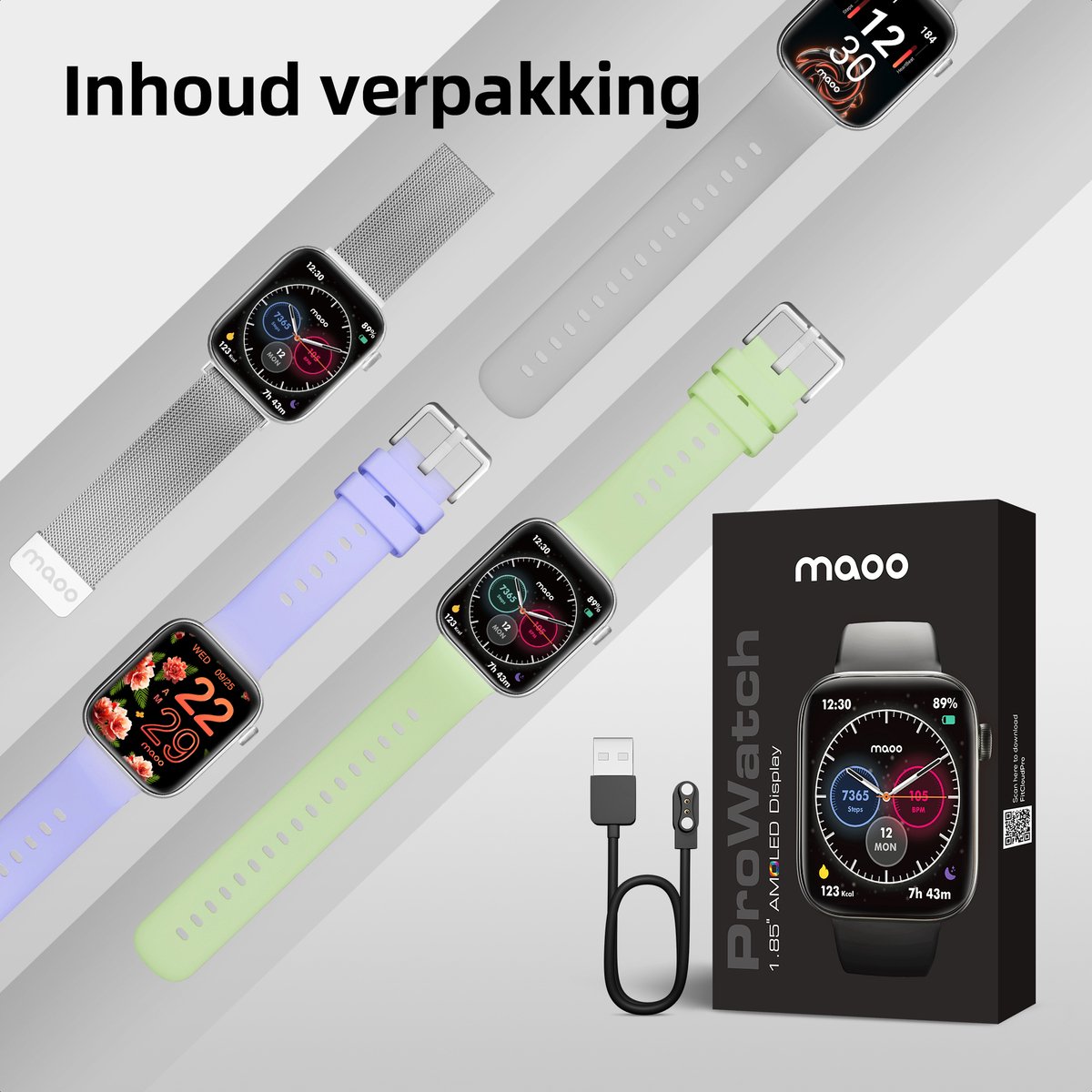 Maoo ProWatch AMOLED Smartwatch Zilver met Milanese Bandje en Siliconen Bandjes