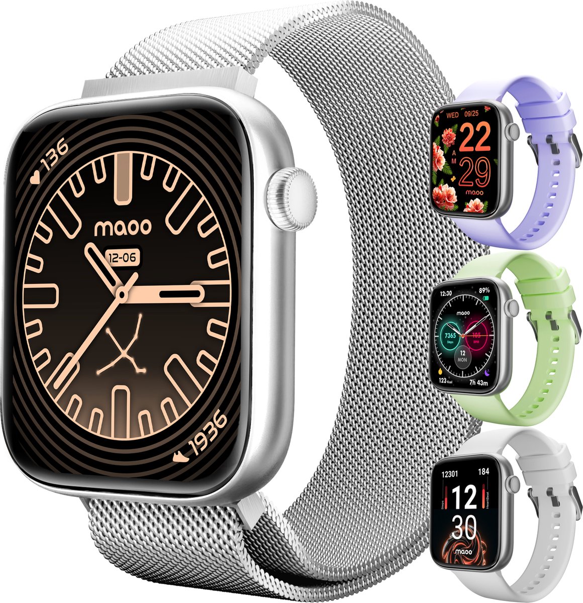Maoo ProWatch AMOLED Smartwatch Zilver met Milanese Bandje en Siliconen Bandjes