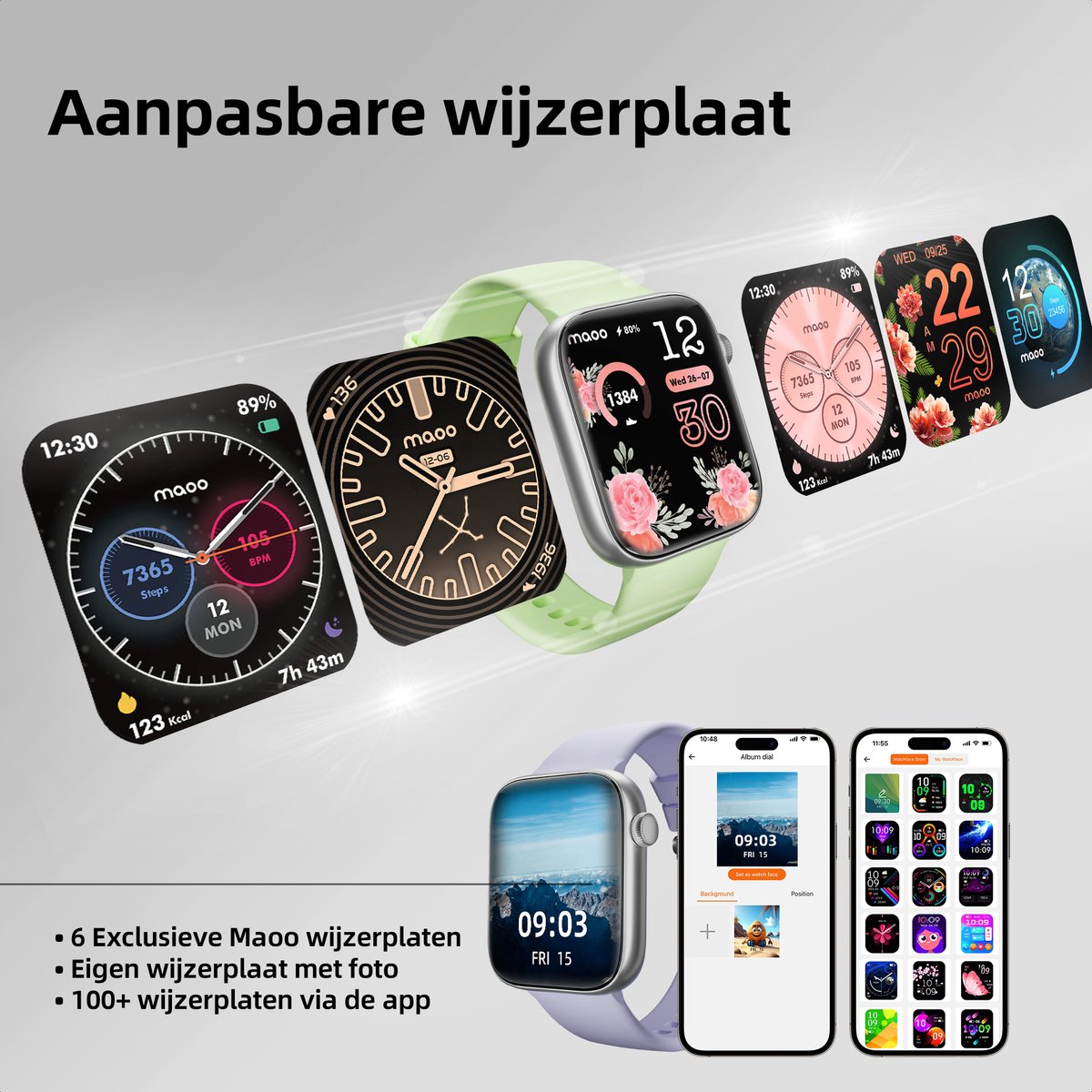 Maoo ProWatch AMOLED Smartwatch Zilver met Milanese Bandje en Siliconen Bandjes