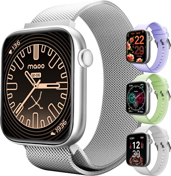 Maoo ProWatch AMOLED Smartwatch Zilver met Milanese Bandje en Siliconen Bandjes