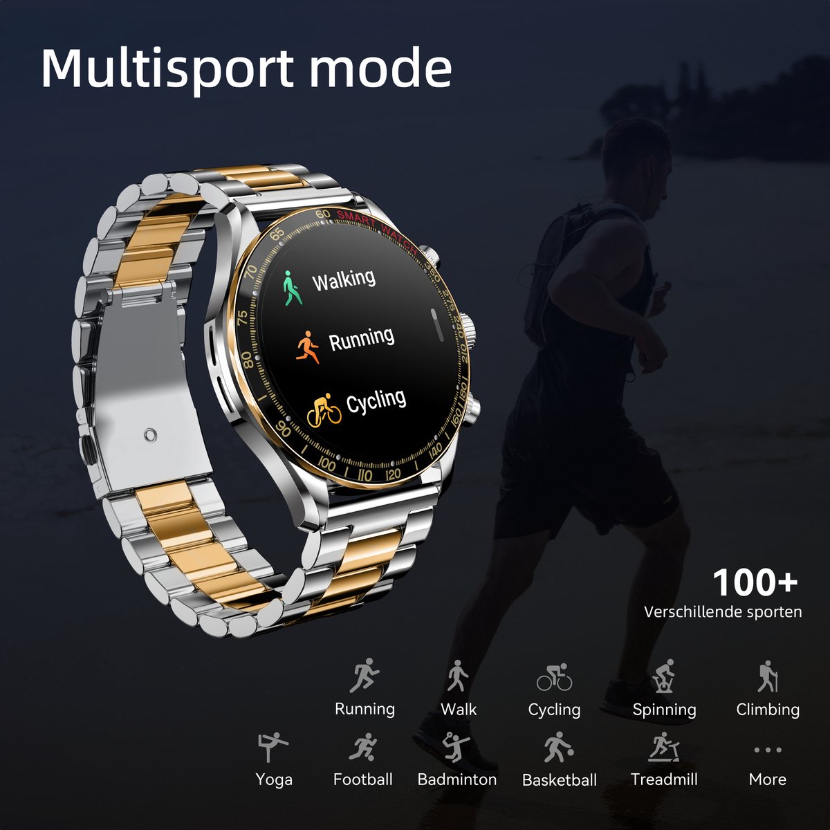 Maoo Titan AMOLED Smartwatch Heren Special Edition Stainless Steel Zilver Goud