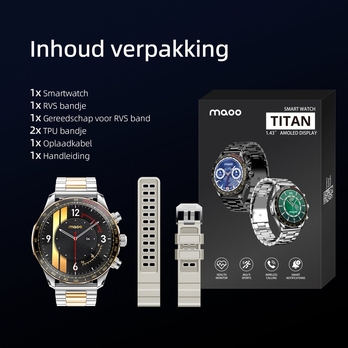 Maoo Titan AMOLED Smartwatch Heren Special Edition Stainless Steel Zilver Goud