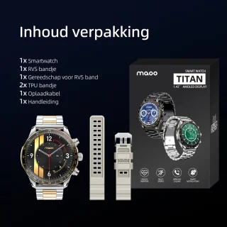Maoo Titan AMOLED Smartwatch Heren Special Edition Stainless Steel Zilver Goud