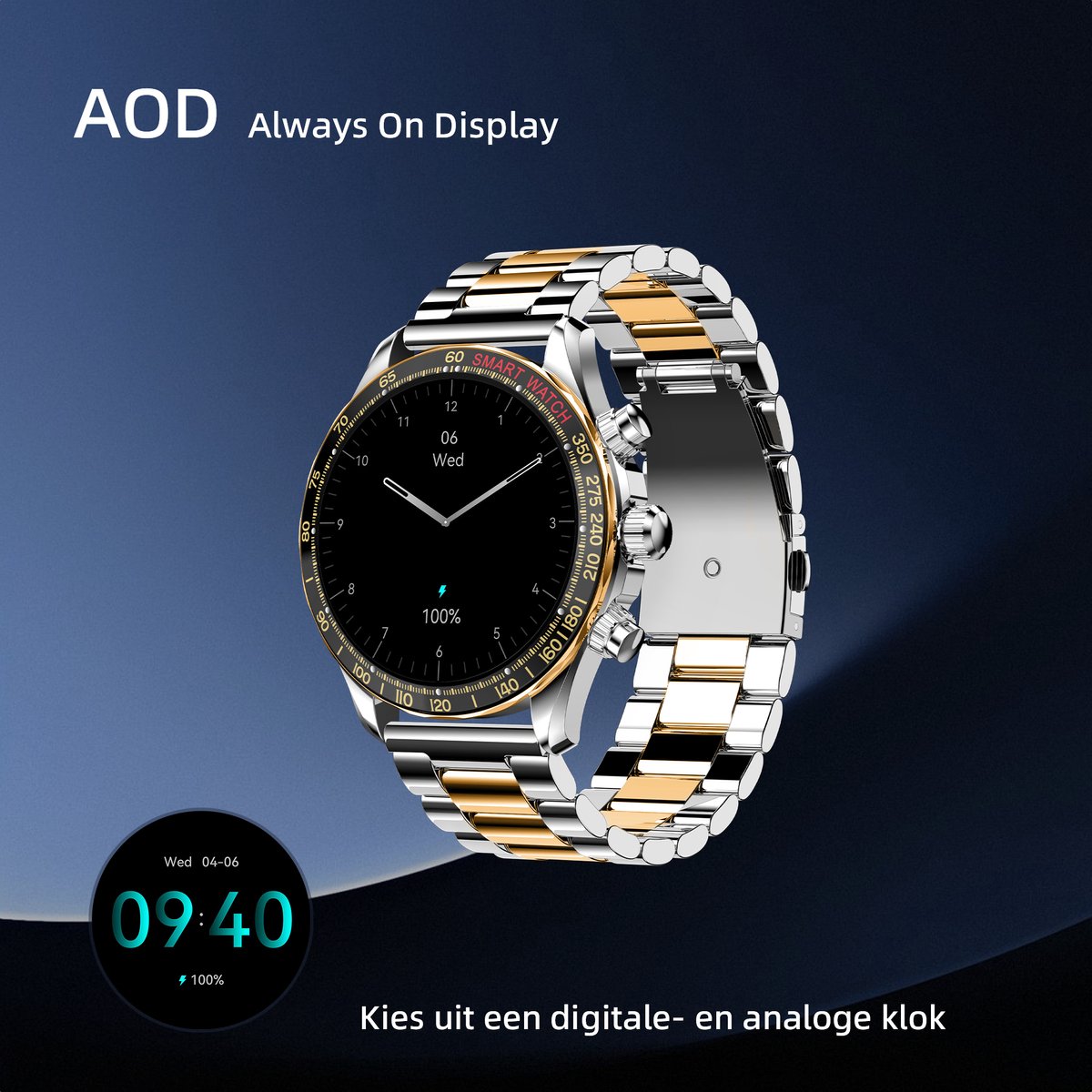 Maoo Titan AMOLED Smartwatch Heren Special Edition Stainless Steel Zilver Goud
