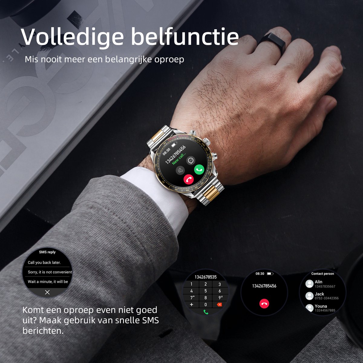 Maoo Titan AMOLED Smartwatch Heren Special Edition Stainless Steel Zilver Goud