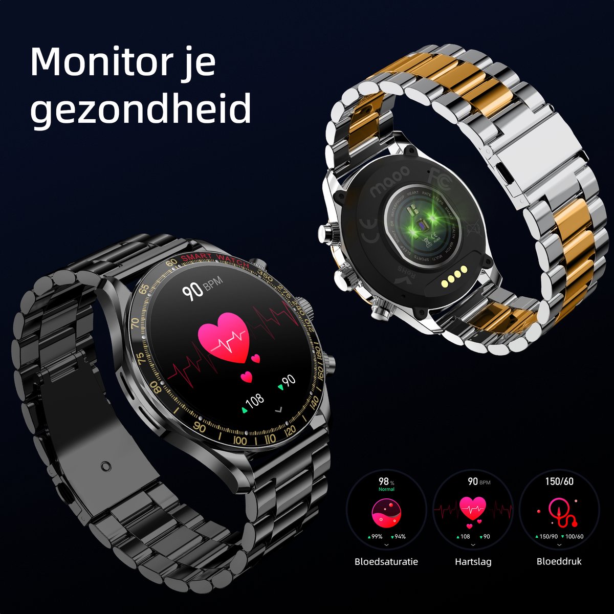 Maoo Titan AMOLED Smartwatch Heren Special Edition Stainless Steel Zilver Goud