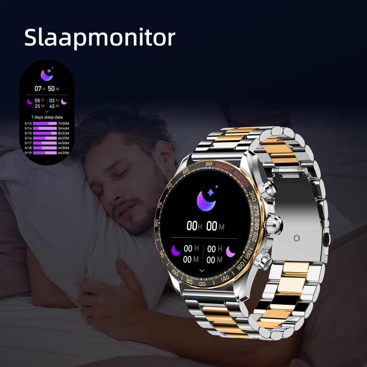 Maoo Titan AMOLED Smartwatch Heren Special Edition Stainless Steel Zilver Goud