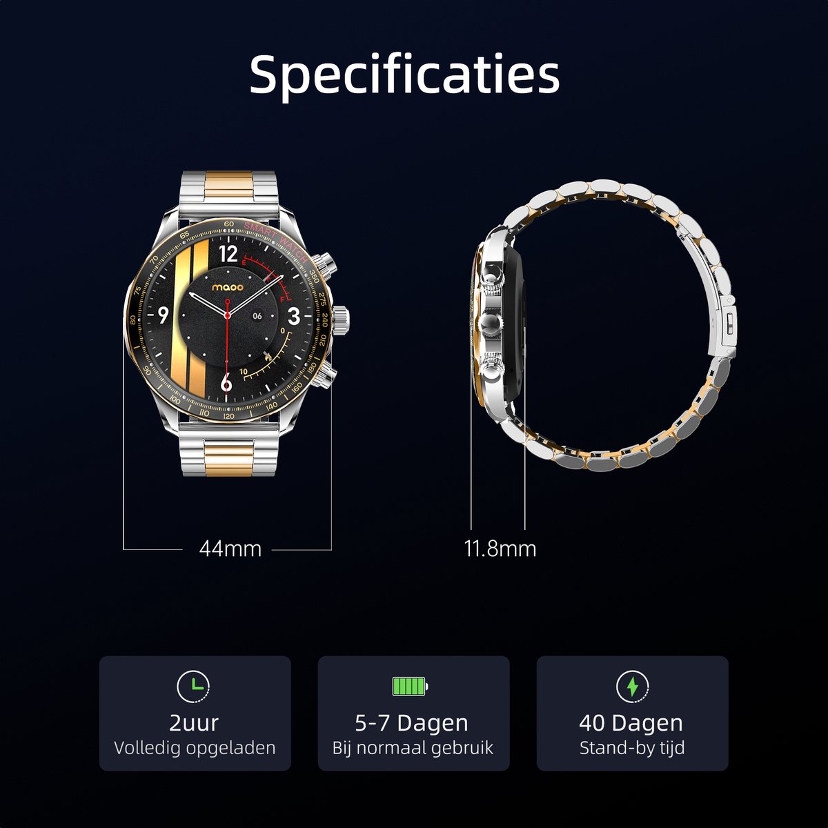 Maoo Titan AMOLED Smartwatch Heren Special Edition Stainless Steel Zilver Goud