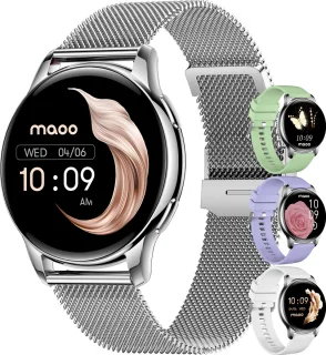 Maoo Ventura AMOLED Smartwatch Dames RVS Zilver Wit Met 3 Siliconen Bandjes