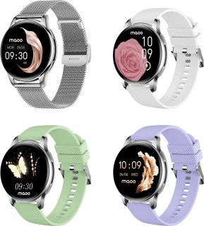 Maoo Ventura AMOLED Smartwatch Dames RVS Zilver Wit Met 3 Siliconen Bandjes