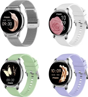 Maoo Ventura AMOLED Smartwatch Dames RVS Zilver Wit Met 3 Siliconen Bandjes