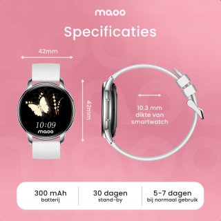 Maoo Ventura AMOLED Smartwatch Dames RVS Zilver Wit Met 3 Siliconen Bandjes
