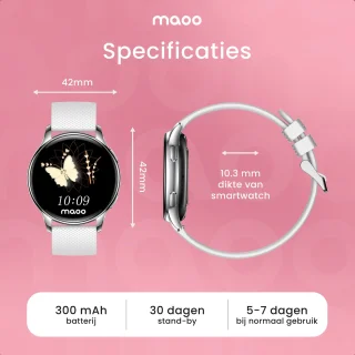 Maoo Ventura AMOLED Smartwatch Dames RVS Zilver Wit Met 3 Siliconen Bandjes