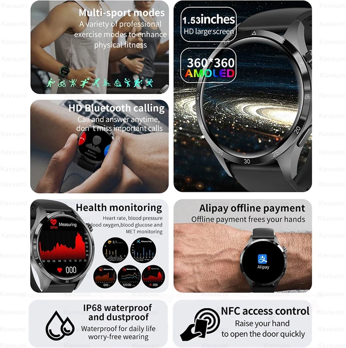 NFC Smartwatch 2024 met GPS en AMOLED scherm