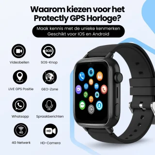 Protectly® GPS Horloge Kind Met Simkaart - 4G - SOS Alarm - Smartwatch Kinderen - GPS Tracker Kind - (Video)bellen - HD Camera - Whatsapp en SMS - Elke polsmaat - Bekijk Locatie Kind - Android en iOS - Incl. Simkaart & Screenprotector