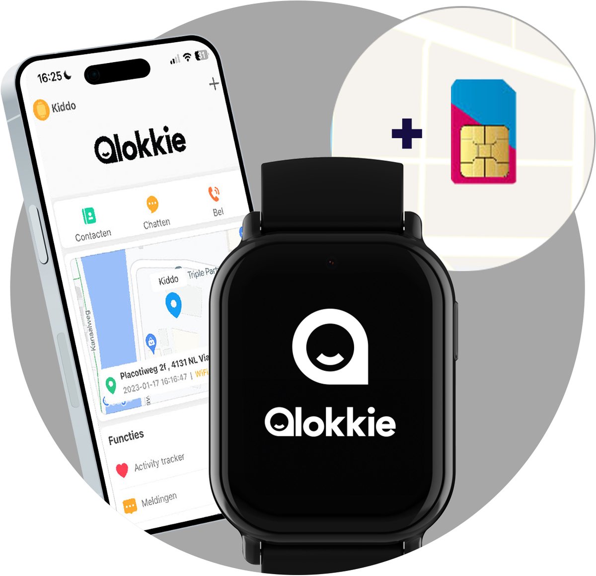 Qlokkie Kiddo Mini GPS Horloge Kind Zwart