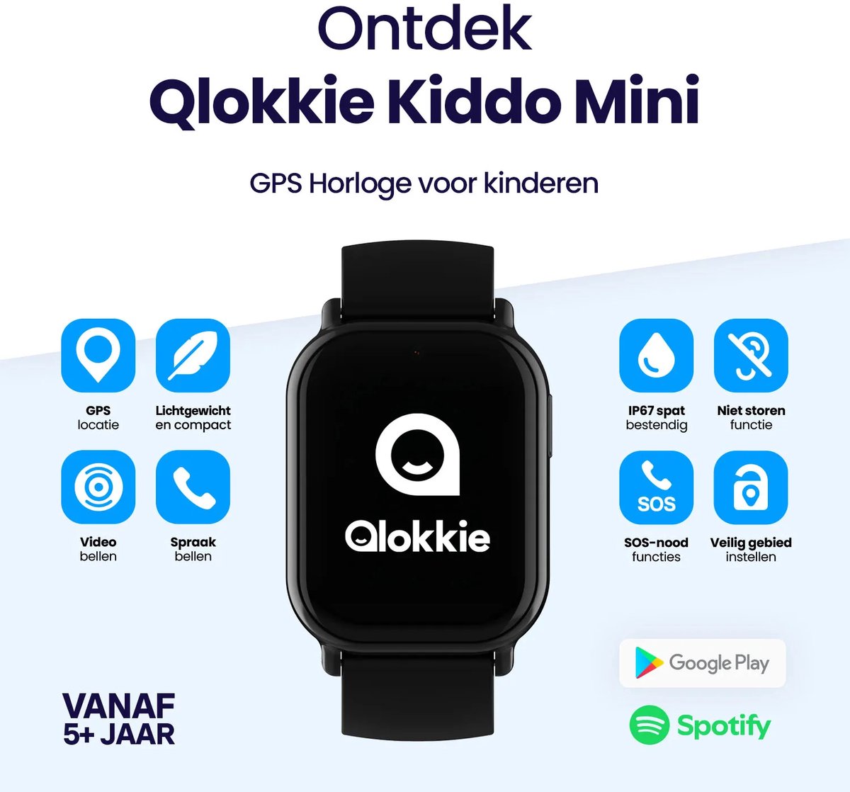 Qlokkie Kiddo Mini GPS Horloge Kind Zwart