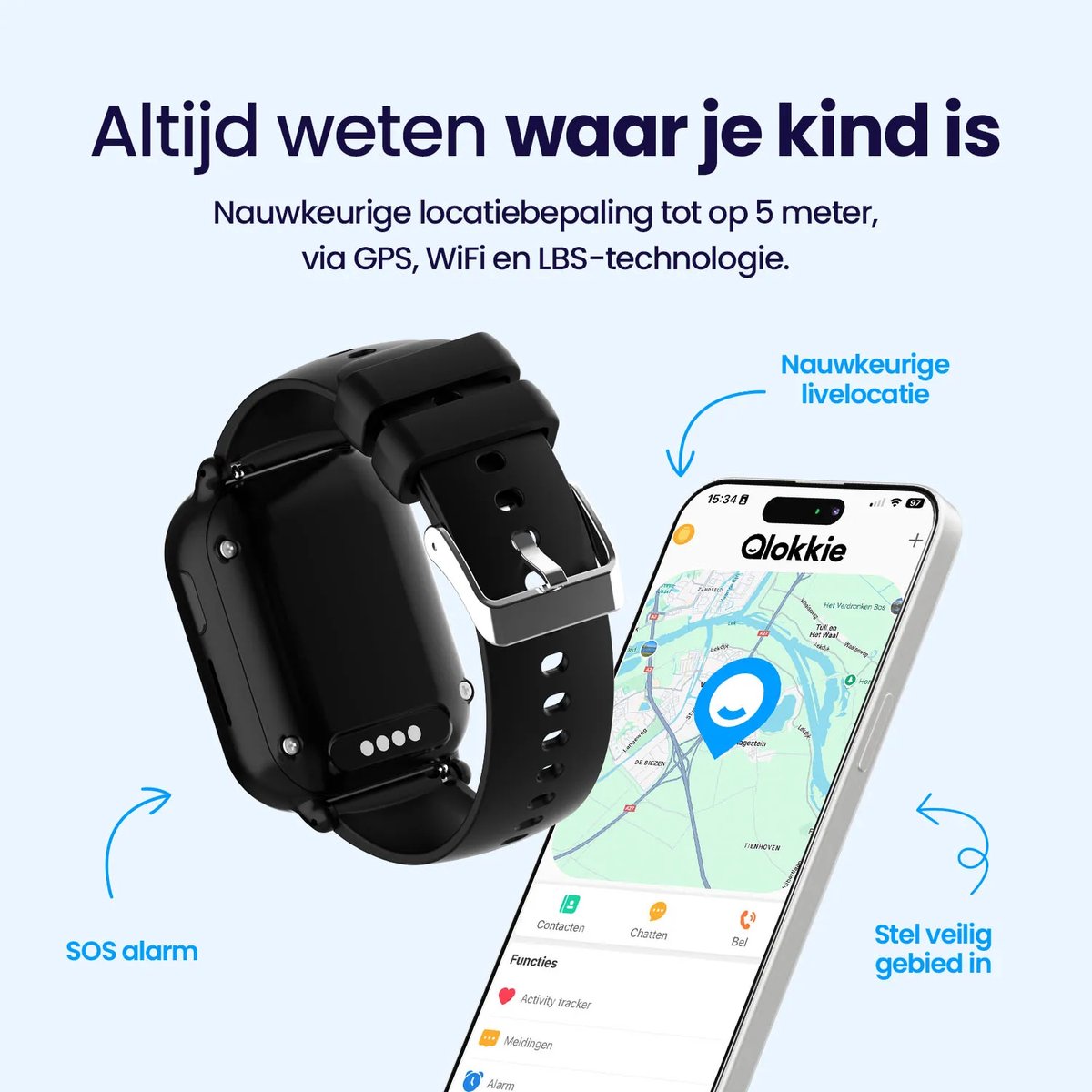 Qlokkie Kiddo Mini GPS Horloge Kind Zwart