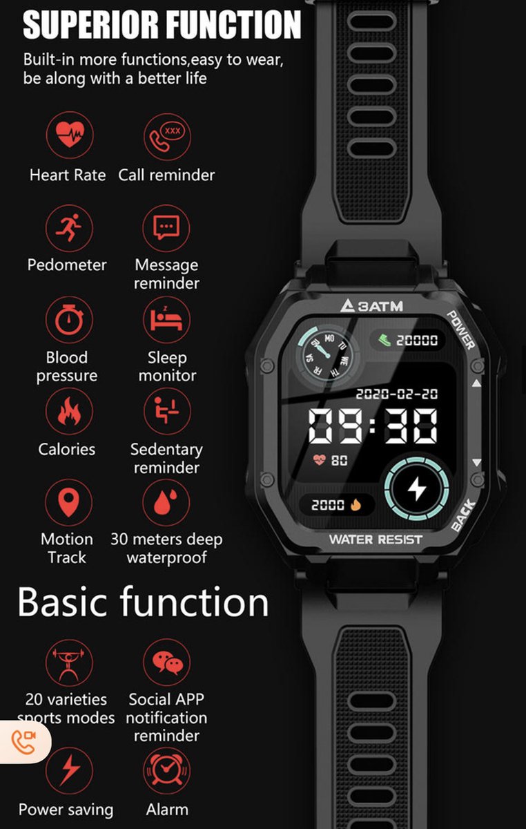 Rankos C16 Smartwatch met zwart siliconen bandje