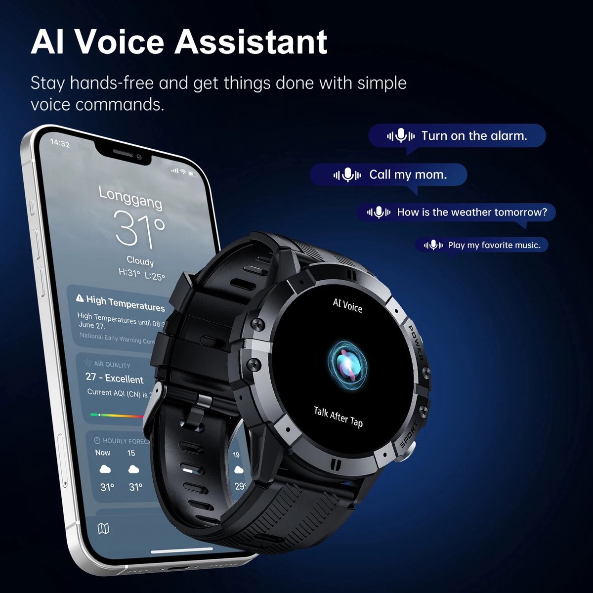 Rustive Smartwatch Sport Horloge Heren Zwart