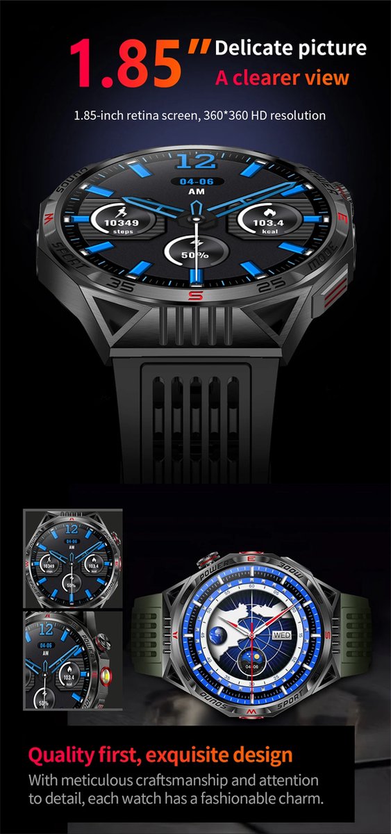 Smartwatch 1,85 Inch HD GPS Outdoor voor Mannen