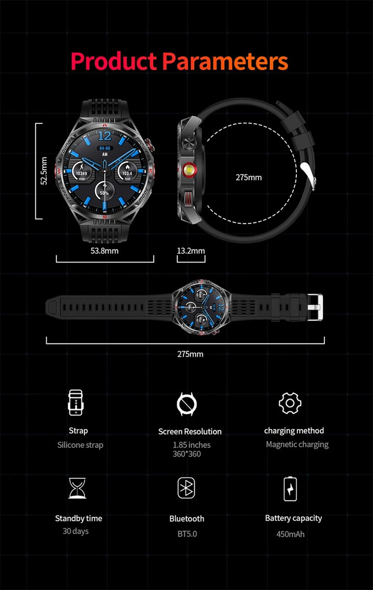 Smartwatch 1,85 Inch HD GPS Outdoor voor Mannen