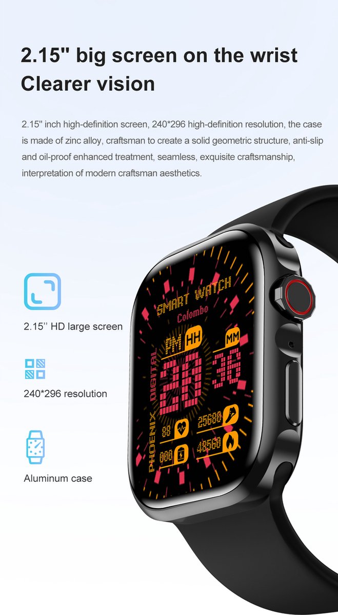 Smartwatch Unisex Sport Zwart TPU Bandjes Bluetooth 5.2