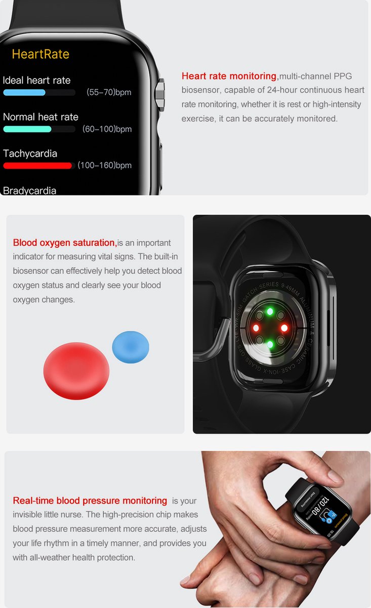 Smartwatch Unisex Sport Zwart TPU Bandjes Bluetooth 5.2