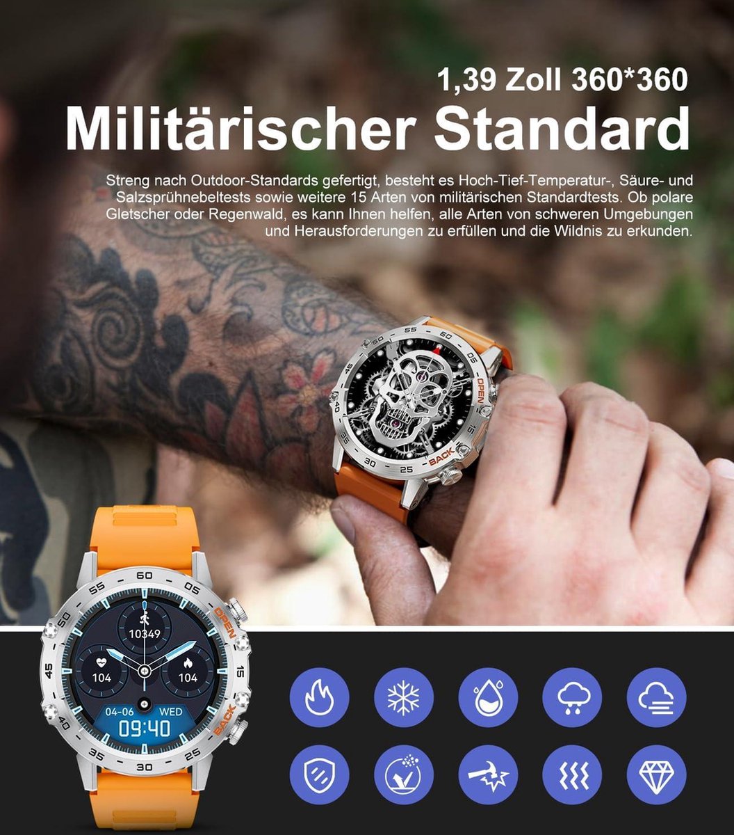 Sporthorloge Heren Militair Bluetooth 139 Inch Touchscreen Activiteitstracker
