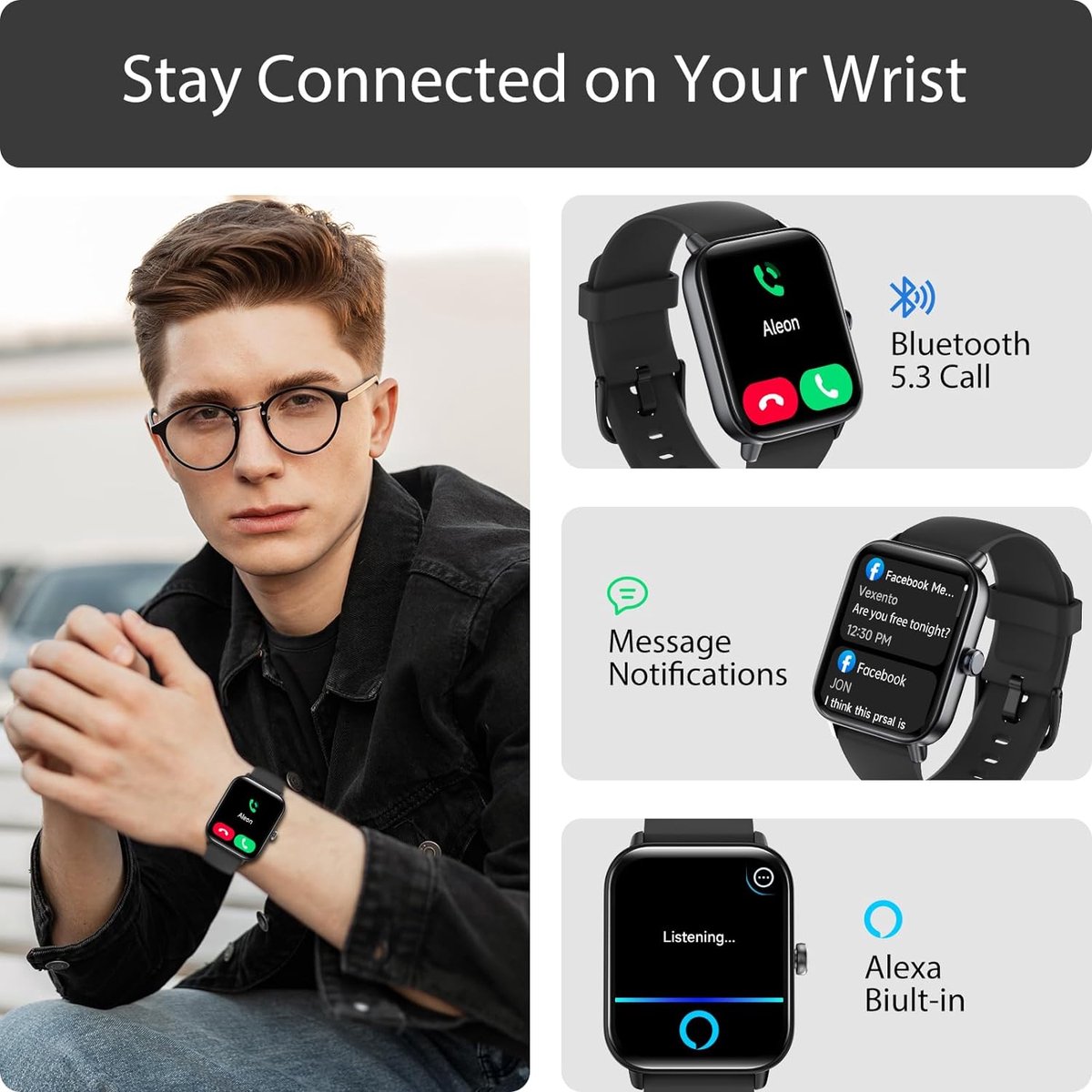 Sporthorloge Smartwatch Zwart voor Android & IOS