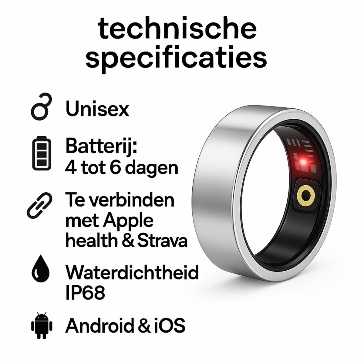 SyncGear Smart Ring Maat 11 Zilver voor Heren & Dames
