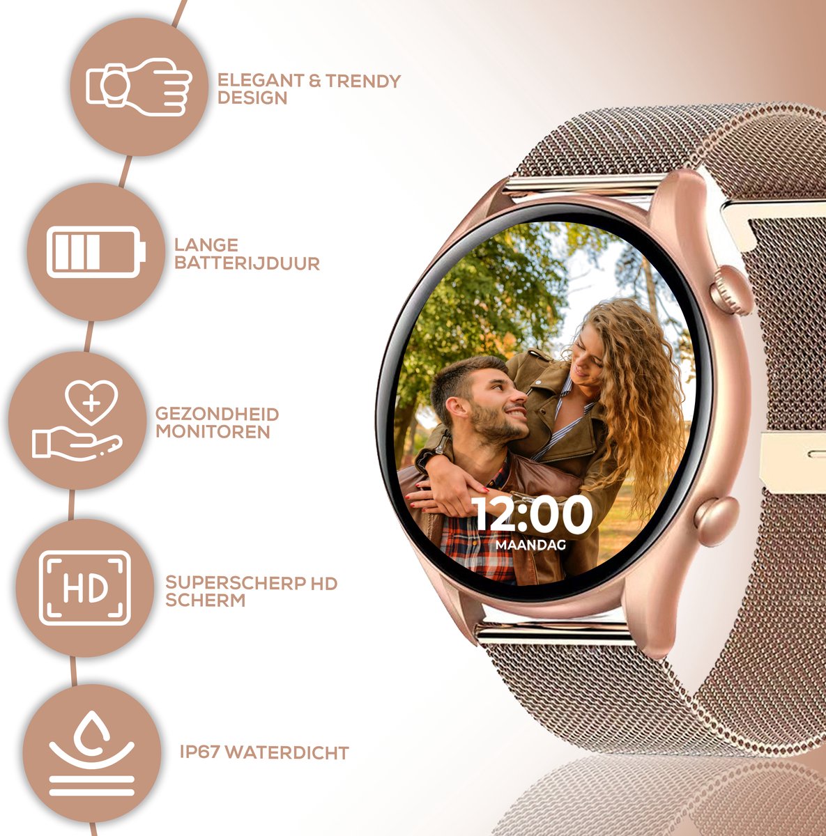 Wat vinden we goed aan de Techrie Smartwatch Dames Rosé Goud Met Extra Roze Band