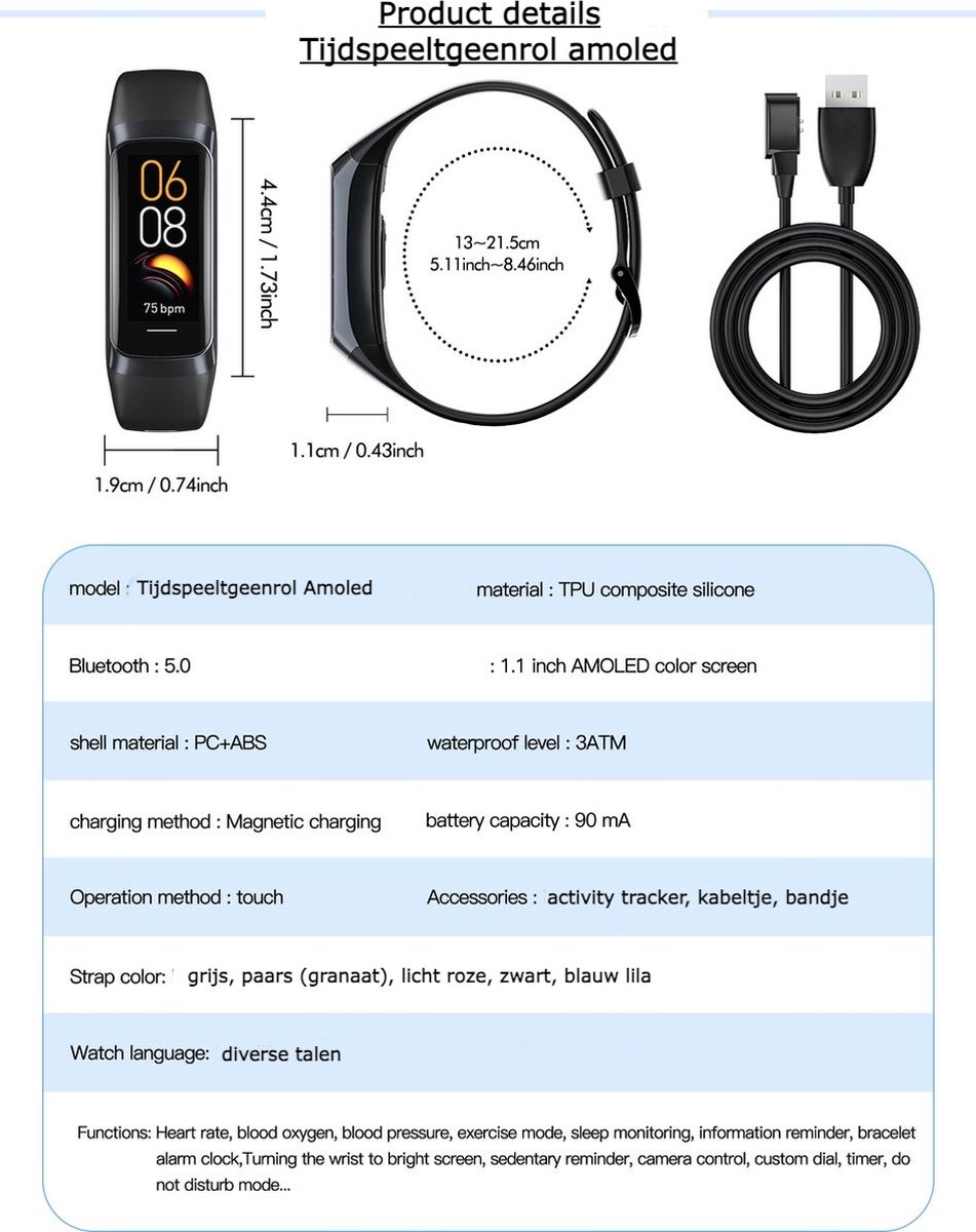 Tijdspeeltgeenrol Activity Tracker Amoled Smartwatch Lila Blauw 2023
