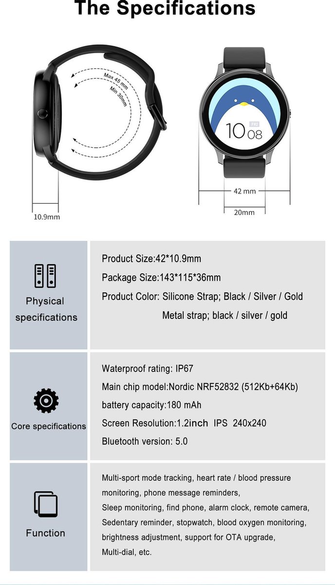 Tijdspeeltgeenrol F68 Smartwatch Zwart