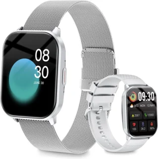 Unisex Smartwatch Zilver – Fitnesshorloge met siliconen en stalen band
