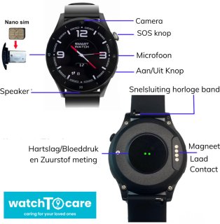 WatchToCare Pulse GPS Tracker Smartwatch Senioren 4G inclusief Lebara Sim